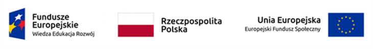 Logotypy projektów unijnych 2020. Z lewej strony logo Fundusze Europejskie Wiedza Edukacja Rozwój, po środku flaga Polski z napisem Rzeczpospolita Polska, po prawej flaga UE z dopiskiem Unia Europejska Europejski Fundusz Społeczny